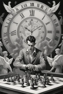 harlequin playing burning chess on racing field with a confused look on his face in front of a huge clock with angels, in the style of Escher