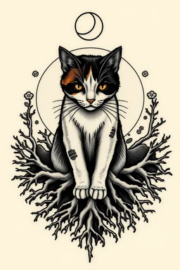 Design feminine tattoo: The centerpiece of the tattoo is a calico cat. From the paws, deep roots twist into the ground, sprawling outwards. The roots look as though they're entangled with the earth itself, symbolizing Taurus' deep connection to the planet. as a backdrop, include elements of gears A crescent moon or starry sky above the cat