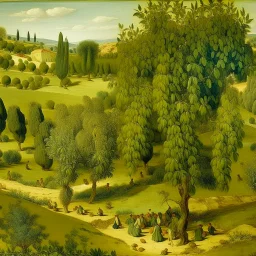 A spring green fields with olive trees designed in ancient Greek pottery painted by Pieter Bruegel the Elder