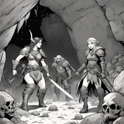 [comic book art by Le Tendre et Loisel (la quite de l oiseau du temps)] two woman warrior after a battle in a cave surrounded by dead bodies of orcs and goblins