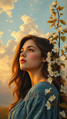 view of a very beautiful women at the golden hour with clouds at the sky with gold branch ,leaves and white flowers on the side ,oil paint style, Van Gogh painting style, a realistic cloudy sky in the background in a wood