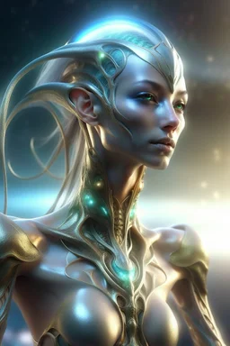 gorgeous female humanoid alien, slender muscular warrior, looking over shoulder at the sky, tentacles, coper zinc orichalcum jewelry and piercings, beautiful face, mesmerizing starry eyes, smooth translucent skin, hourglass, size DD.