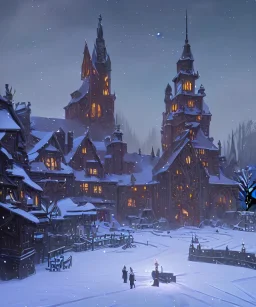 A magical snowy warlock castle with river canals and a large Christmas tree