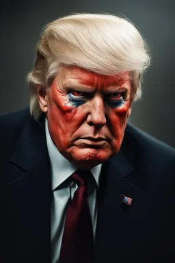 Portrait of Donald trump, half cyborg and half human, metal showing under skin, one red eye