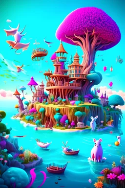 An enchanting and whimsical wonderland wall art portraying a magical realm with talking animals, floating islands, and flying ships, a sense of childlike imagination and fantasy pervades the scene, 3D rendering, with a focus on vibrant colors and dreamlike elements