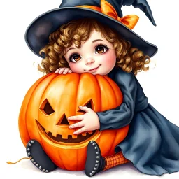 Hyperrealistic watercolor illustration of a little girl with curly hair in a witch costume sitting facing the viewer and hugging a bright orange large pumpkin with a Halloween muzzle. White background