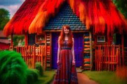 Full body shot of a tall slim pretty, red-headed young woman, dressed in a long flowing colourful dress, standing in front of a row of cottages and shops with thatched roofs, casting runes in the air