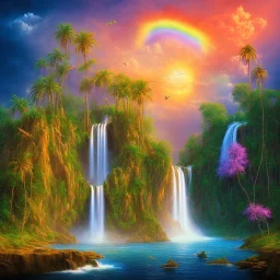  island waterfall palms twigs spring sunset rainbow bridge birds