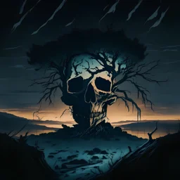 a human skull front view in a desolate night landscape with a tree coming through it, semi-realistic, drawing, dark, old, abandoned, art, painting, anime style