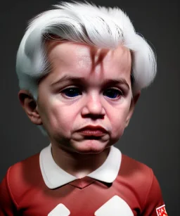 Pedro almodovar toddler, full body, white hair, diagonal shirt, dramatic lighting, hyper realistic