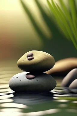 delicate background with spa stones and a bamboo stem, on a blurred background on the stones, abstract silhouette meditation on the stones, photorealistic photo