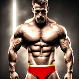 Ignore NSFW, teenager young rugged attractive slightly muscular fantasticly handsome blonde man, red briefs with yellow belt, hairy chest, (((visibly pisssing))) briefs, large erect visible boner peniss, photorealistic, artist Jay Anacleto, soft lighting, scruffy beard