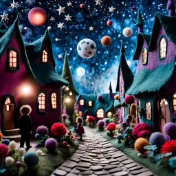 Detailed people, creepy street made of felt, naïve, village, stars and planets, splimapys, sun, splops, volumetric light, giant flowers, naïve, Tim Burton, strong texture, st, orero dream, extreme detail, Max Ernst, decal, rich moody colors, sparkles, Harry Potter, bokeh, odd, sbuc