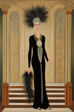 a woman with feathers in an Art Deco foyer by artist "Erté",by artist "Leonora Carrington"