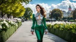 fullbody close up of 1 girl makeup wearing a dark green-silver victorian top and pants and pretty boots walking in moder city of 2040 park ,flowers ,pretty clouds in blue sky,city escape.