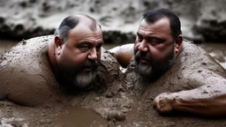 wide angle photography of two 55 years old sicilian burly chubby mud men fighting in the mud, long hair, beards, manly chest, bullneck , photorealistic , view from the ground