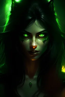 mulher werewolf, olhos verdes brilando, cabelo preto