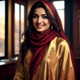 Hyper Realistic Photographic View Of A Gorgeous Pashto Young Woman (Wearing Long Golden Coat With Maroon Dress With Golden Embroidery & Wearing Maroon Scarf On Her Neck) Alone Happily Standing & Giving a Bold Smile & Expressions With Dimples On Her Face; With dimples On Her Cheeks In Her (Black Walled) Office Room With Her Beautiful Long Black Hair With Moonlight Rays Coming From A Fancy Window At Her Back, With A Little Garden View From Outside Window At Dark Night Showing Dramatic & Cinematic