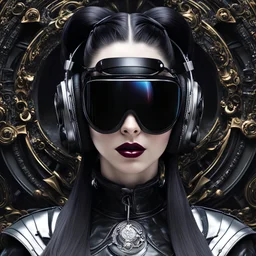 woman, female, pale skin, headphones, dark straight hair, massive ponytail, bang, implants, googles sunglasses opera mask, huge cervical collar shackle, leather, vinyl+fabric lacquer wear,sci-fi, mystic, decay, oil, glitch, optical illusion, fractal, intricate, coal, ink, ash, holography, gradients, noise texture, cyber, technological, bionic, hyper realistic, high quality, high resolution, 4k, raw, iso 100, photography, fashion, lifestyle, sharp, ampir, art deco style, futurism