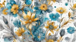 grey , smoke blue, turquoise and gold flower van Gough water color on white background