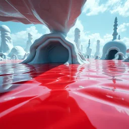 A photo of a landscape. The surface below the structure is glossy. There are fake structures. In the background, other white and blue forms and structures are visible. The atmosphere is metaphysical. The image has a glossy finish. The exposure value is 8.