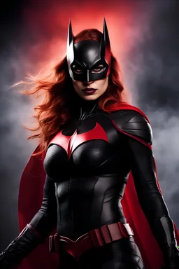 an extremely muscular Mina Shakespeare as Batwoman - gradated Background, professional quality studio 8x10 UHD Digital photograph by Scott Kendall - multicolored spotlight, Photorealistic, realistic stock photo, Professional quality Photograph. colored Fog - Multicolored lightning, 3D heart
