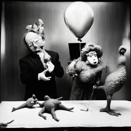 absurdist, surreal, impossible, anthropomorphic maniacal bonkers situationist photography, curtesy of by Joel-Peter Witkin, wacky goober lunatics from neighborworld expressing discontent and chicken diplomacy, the worm turns in the thinless balloon animal crash in background, bonkers pooters in urinetown psychic television; (RIP Eraserhead - in heaven everything is fine)