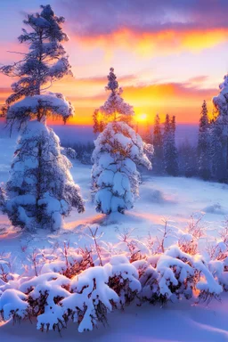 Paisaje con nieve al atardecer con pinos y flores de colores