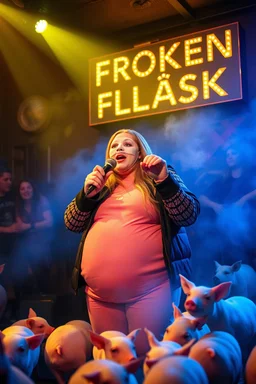 a very fat swedish girl, with skimask with called "Fröken Fläsk" performing at dance club, her name is "Fröken Fläsk" piglets On stage, yellow Neon lights and smog, and "FRÖKEN FLÄSK" big sign on the wall, she singing with mic, text in swedish! no translate mr. stable ai