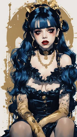 Poster in two gradually, a one side malevolent goth vampire girl face and other side the Singer Melanie Martinez face, full body, sit pose, painting by Yoji Shinkawa, darkblue and gold tones,