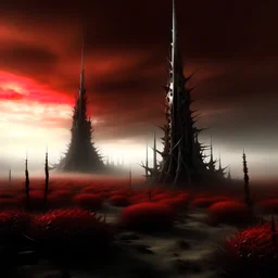 white thorns pillars tower of bones, field of blood blood, war, red sky