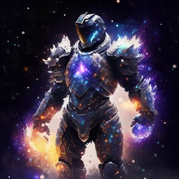 A battle suit made of galaxies and stars with a glove that has seven endless stones Battle armor from the extract of galaxies Battle armor from the extract of galaxies with a fiery sword