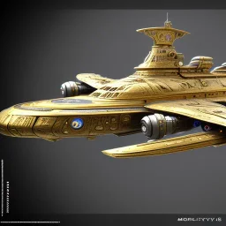 worn huge ornate starship made of brass, in space