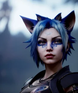 miqo'te character, wild blue hair, ominous, facepaint, waist up portrait, intricate, oil on canvas, masterpiece, expert, insanely detailed, 8k resolution, retroanime style, cute big circular reflective eyes, cinematic smooth, intricate detail, soft smooth lighting, soft pastel colors, painted Renaissance style