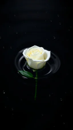 The image is a digital artwork that depicts a bouquet of white rose with aThe rose floats on the surface of the water, creating a wave-like effect. The background is black, which makes the white rose stand out even more. Water droplets are scattered adding to the dreamy, ethereal quality of the image. The a