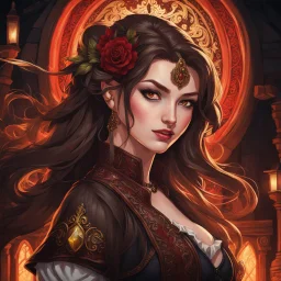 A young woman with pale skin and long brown hair in a fantasy tavern setting with intricate details. She is smirking, a tavern wench pouring a glass of whiskey, has intense red eyes, intimidating presence. High definition.