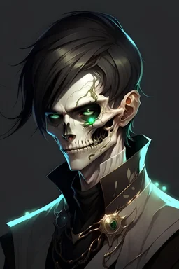 male, half-elf, young, noble, costume, half skull mask, pale skin color