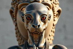full body portrait of humanoid shiny yoga weasel semi transparent hypnotic kind eyes in front of statue of himself