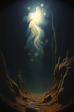 pin hole cam, master oil painting by Rembrandt, [Storyteller echoes:] "Swallowed by the night..." Is this the fate of all who dare to see— To lose themselves in vast infinity? Then let me be the Fool upon the stage And write my lines upon this cosmic page!