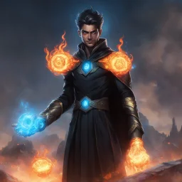 A 25 years boy persian in matte black robes with flaming eyes with grin with flaming light blue pupils stands atop a squire Two infinity gauntlets contain six infinity stones, one of which is made with nano In the hands of a powerful man walking While standing on a majestic height from afar