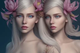 femme long cheveux blond blancs grands yeux bleus , 8k resolution, flower magnolia lotus rose, beautiful portrait, 8k resolution, flower head and body, beautiful star