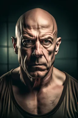 an extremely tall, extremely muscular bald man with a very angry and serious look and a deep, major scar on his face in a mugshot, handheld shot, bright color grading, long exposure