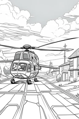 Outline art, no shading, helicopter on the road, cartoon style, black and white, low detail, --ar 9:11