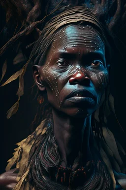 portrait of a bushmen woman, fractal, intricate, elegant, highly detailed, digital photography, subsurface scattering, cinematic lighting, by jheronimus bosch and james jean and greg rutkowski