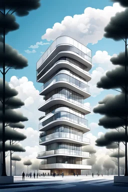 Dibujo arquitectónico de un edificio de cinco pisos, moderno, diseñado aplicando la proporción, estilo minimalista futurista, calidad ultra, gente, árboles, colores contrastantes, cielo con nubes pequeñas, 64k