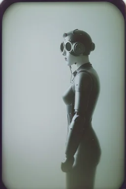 steampunk, vintage analog polaroid of a woman robot, female body, fog, lomography, heavy film grain, night, color bleed, depth of field, bokeh, retro