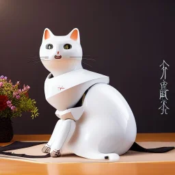 beautiful smooth realistic Japanese samurai robot cat body, run on dark cosmos background, cat еye, extremely sharp detail, finely tuned detail, ultra high definition, 8 k, unreal engine 5, ultra sharp focus, accurate sword wings, positive smile, lot of details, fit within portrait, Ambiance dramatique