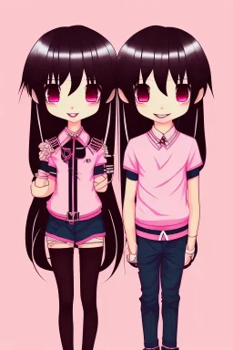 anime couple, girl with long black hair and bangs, pink outfit, boy with brown hair with split bangs, black outfit, cute, wholesome, sitting togehter