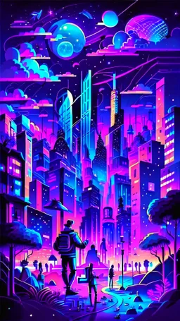 illustrations with a professional art style that show people learn artificial intelligence, use colorful and midnight city theme as a background, make it outstanding