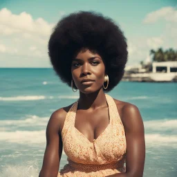 [vintage style noisy scratches glitches] 1970s Afroamerican woman playing in the sea of port rico, looking at the camera close to the beach